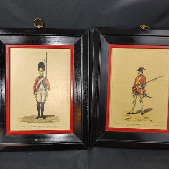 Pair of Framed French Military Prints 18th Century Uniforms 15"x12" Black & Red - Picture 1 of 6